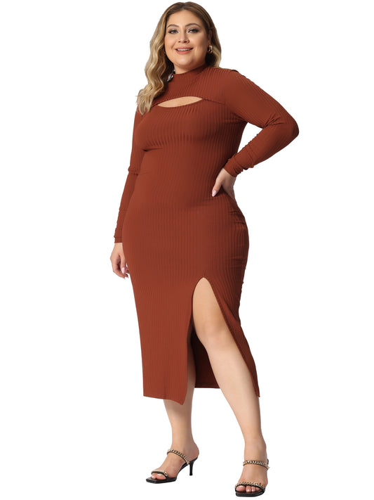 Women Plus Size Dresses Round Neck Cut Out Front Knee Slim Split Hem Bodycon Dress