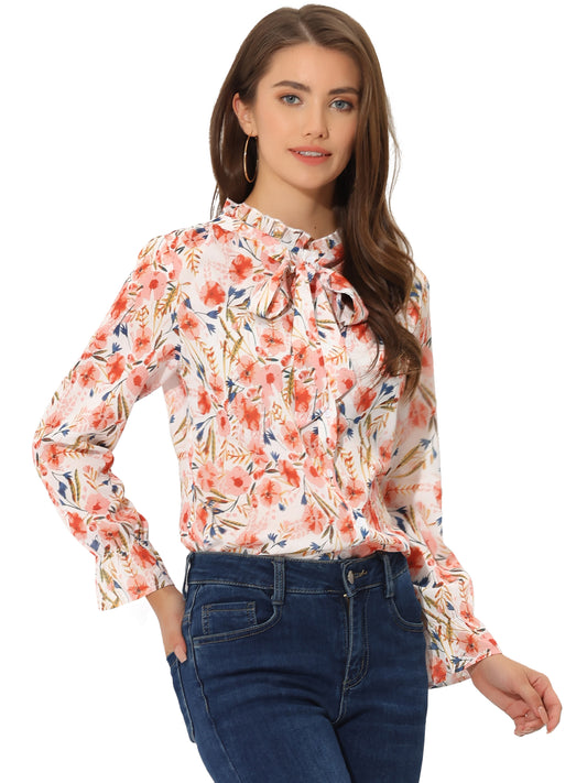 Blusa informal con cuello fruncido y botones con lazo floral para mujer