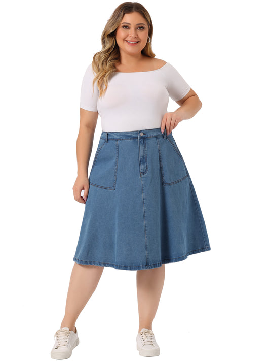 Women Plus Size Denim Skirt Casual A Line Pockets Midi Skirt