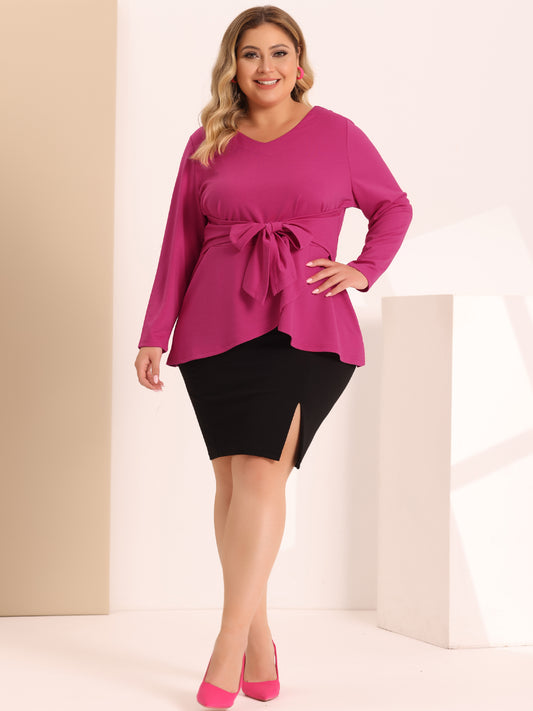 Women's Plus Size Long Sleeve V Neck Knit Belted Knot Tie Work Blouse