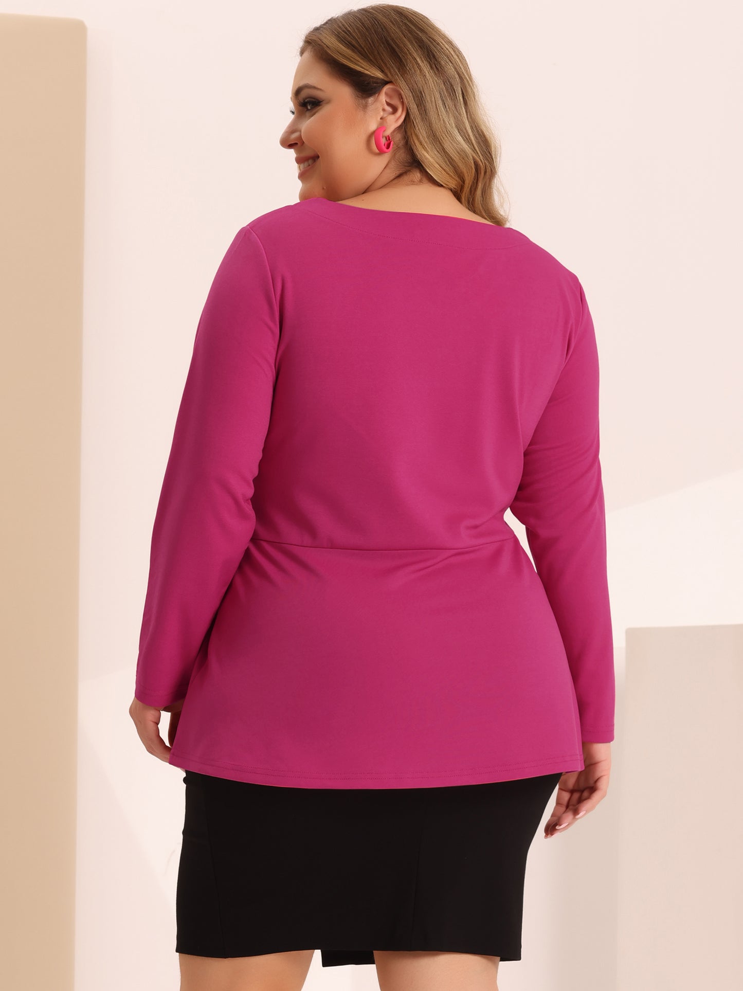 Women's Plus Size Long Sleeve V Neck Knit Belted Knot Tie Work Blouse