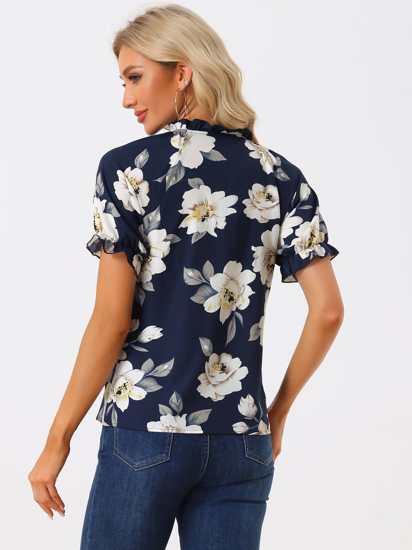Blusa informal de verano de manga corta con cuello alto y estampado floral con volantes para mujer
