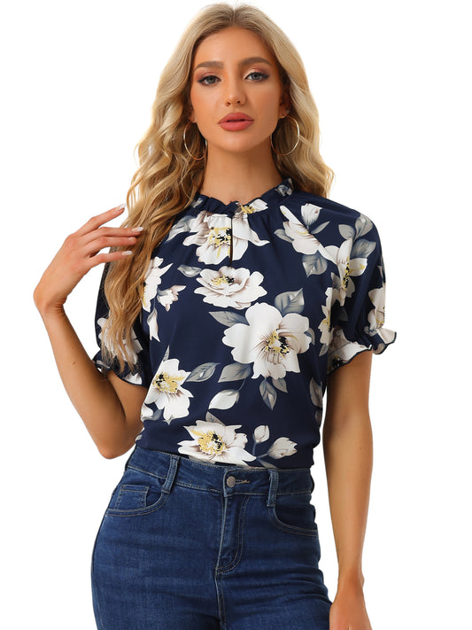 Women's Ruffle Floral Top Mock Neck Short Sleeve Summer Casual Blouse