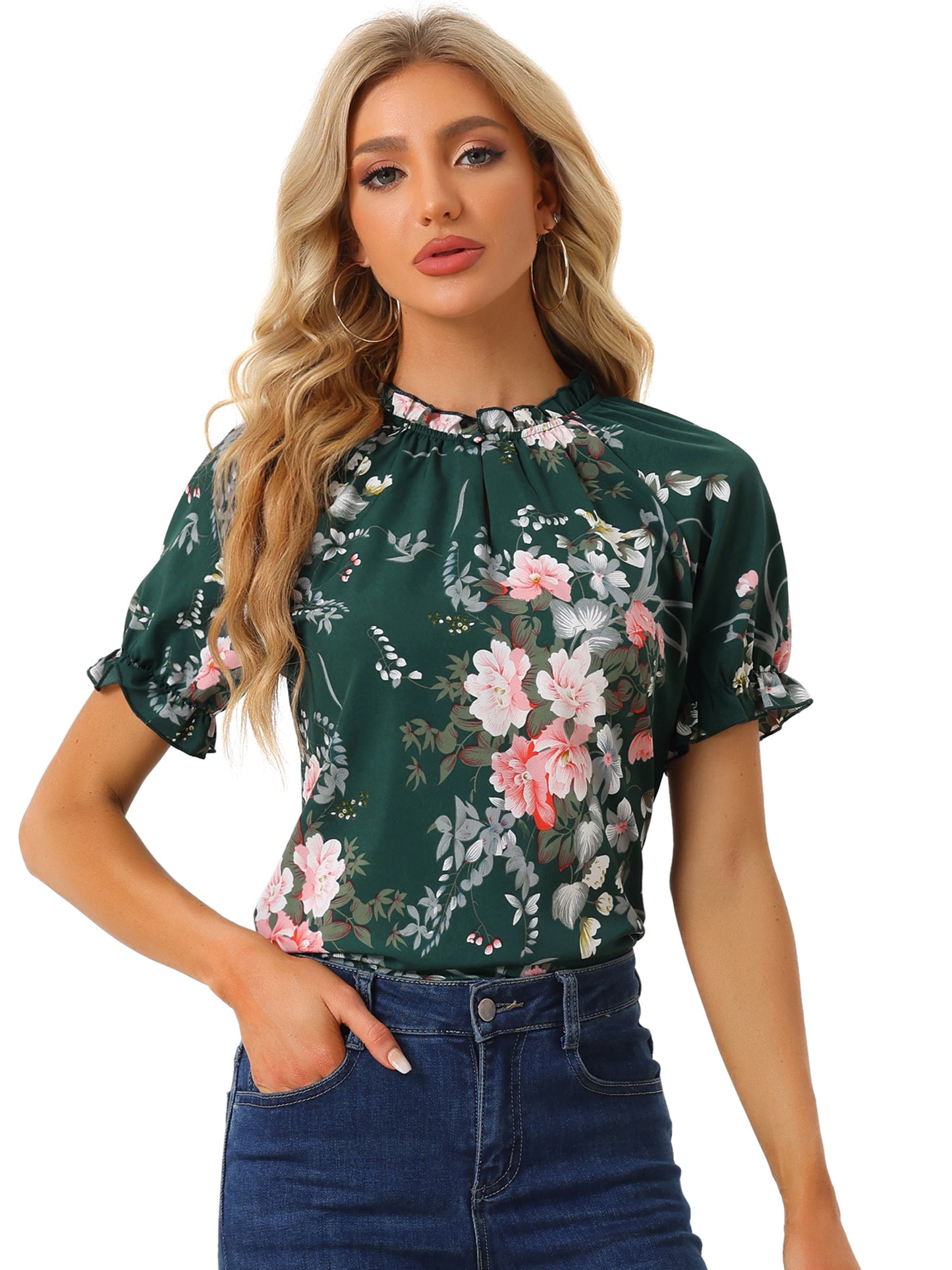 Blusa informal de verano de manga corta con cuello alto y estampado floral con volantes para mujer