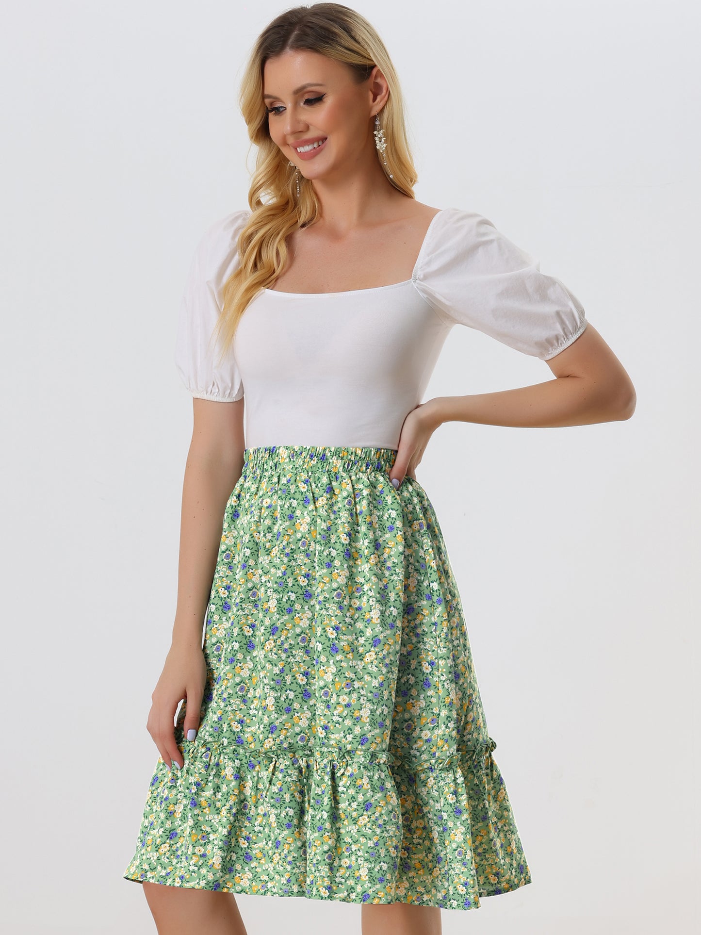Women's Knee Length Skirt Floral Elastic Waist Flowy Tiered A-Line Ruffle Skirt