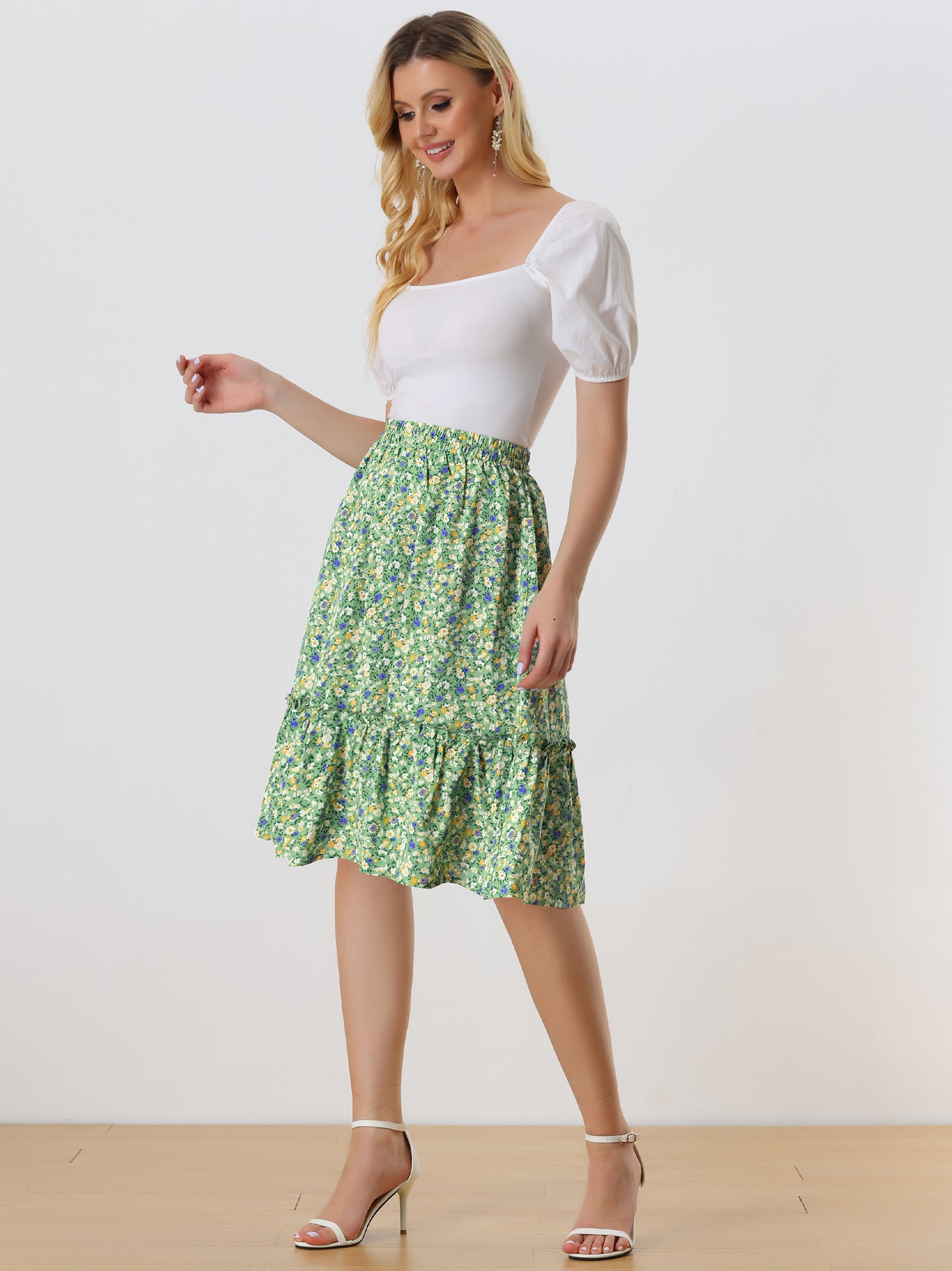 Women's Knee Length Skirt Floral Elastic Waist Flowy Tiered A-Line Ruffle Skirt