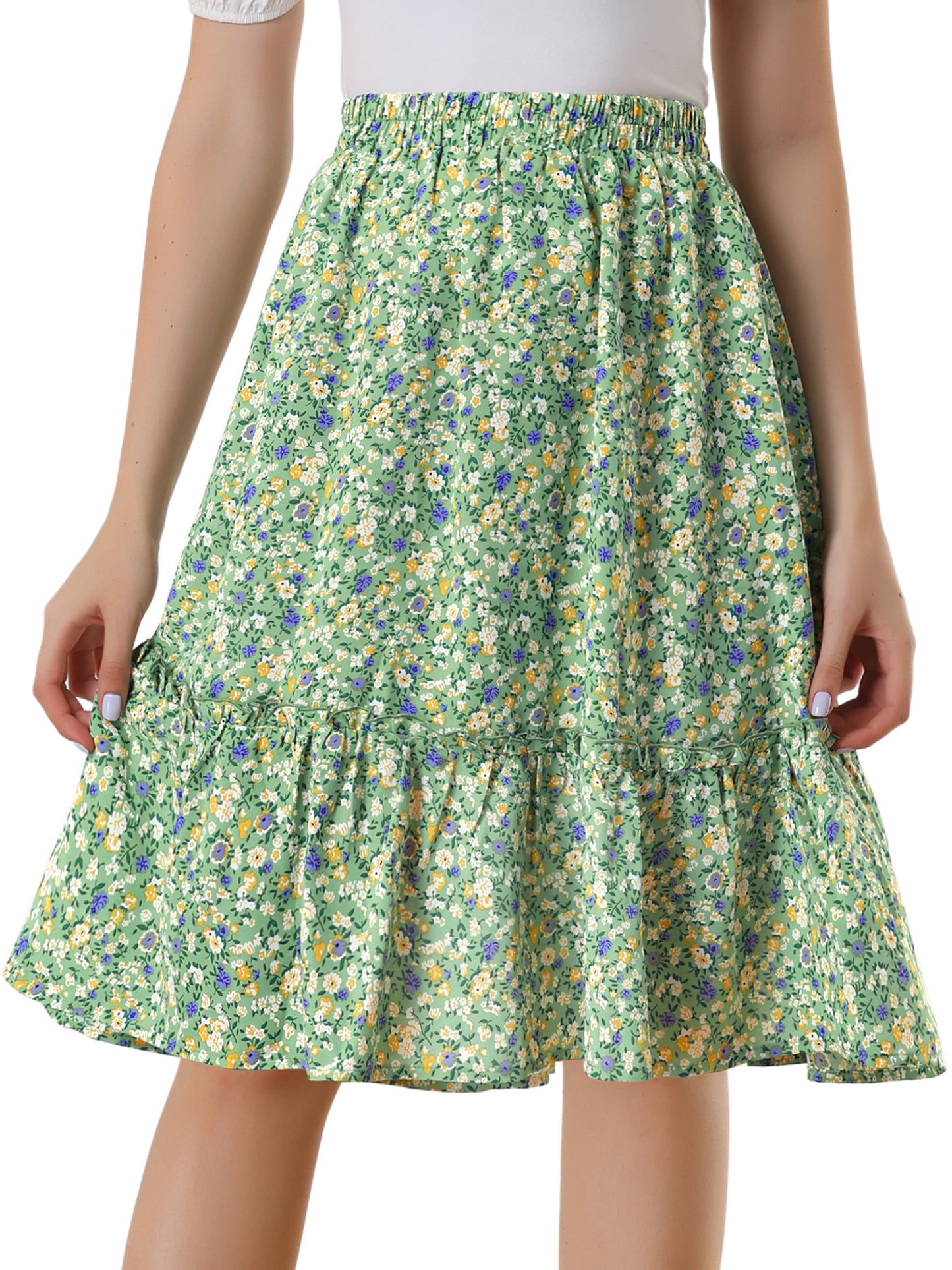 Women's Knee Length Skirt Floral Elastic Waist Flowy Tiered A-Line Ruffle Skirt