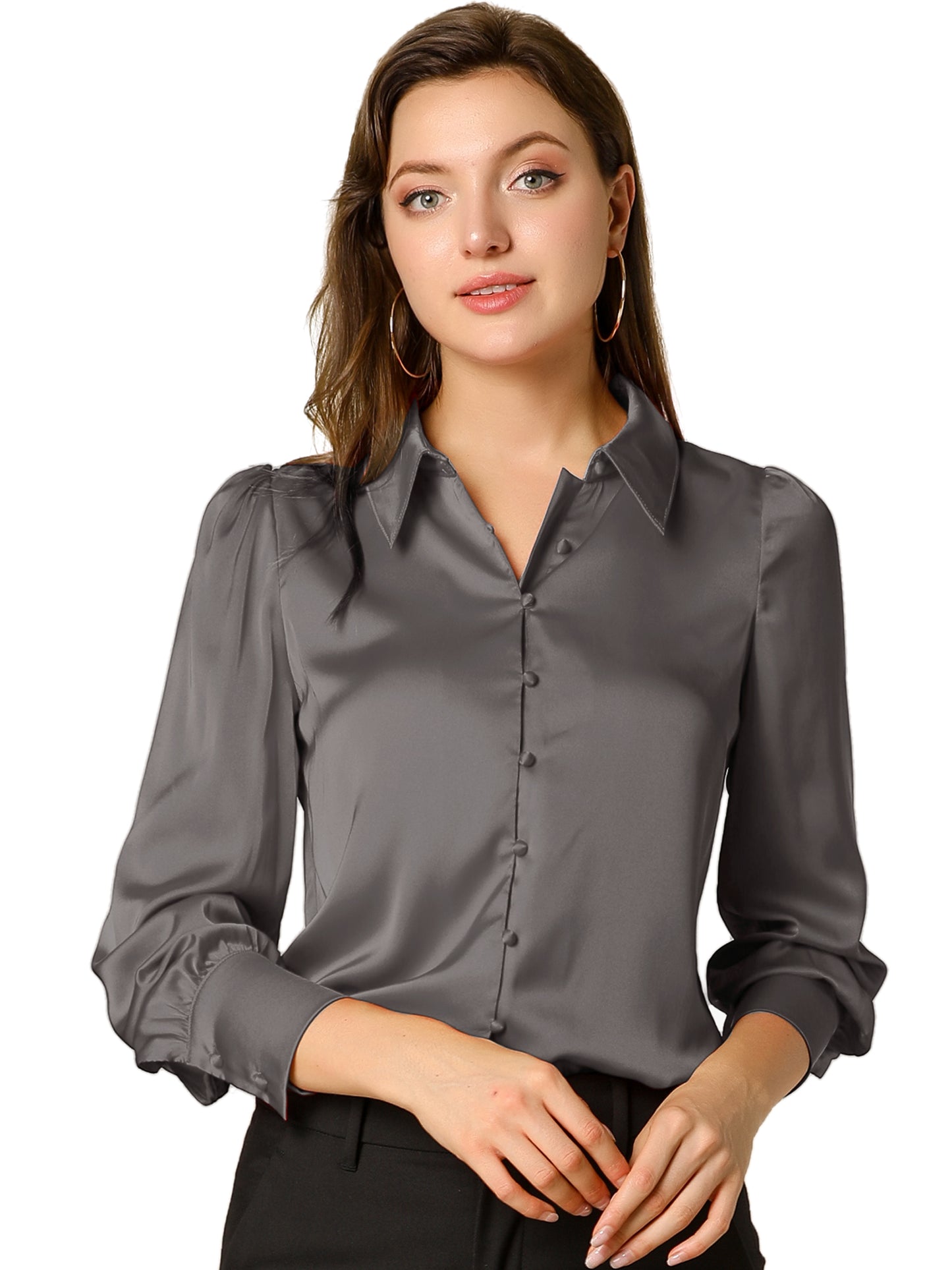Women's Satin Puff Sleeve Collared Work Office Dressy Button Up Shirt, Deep Colors