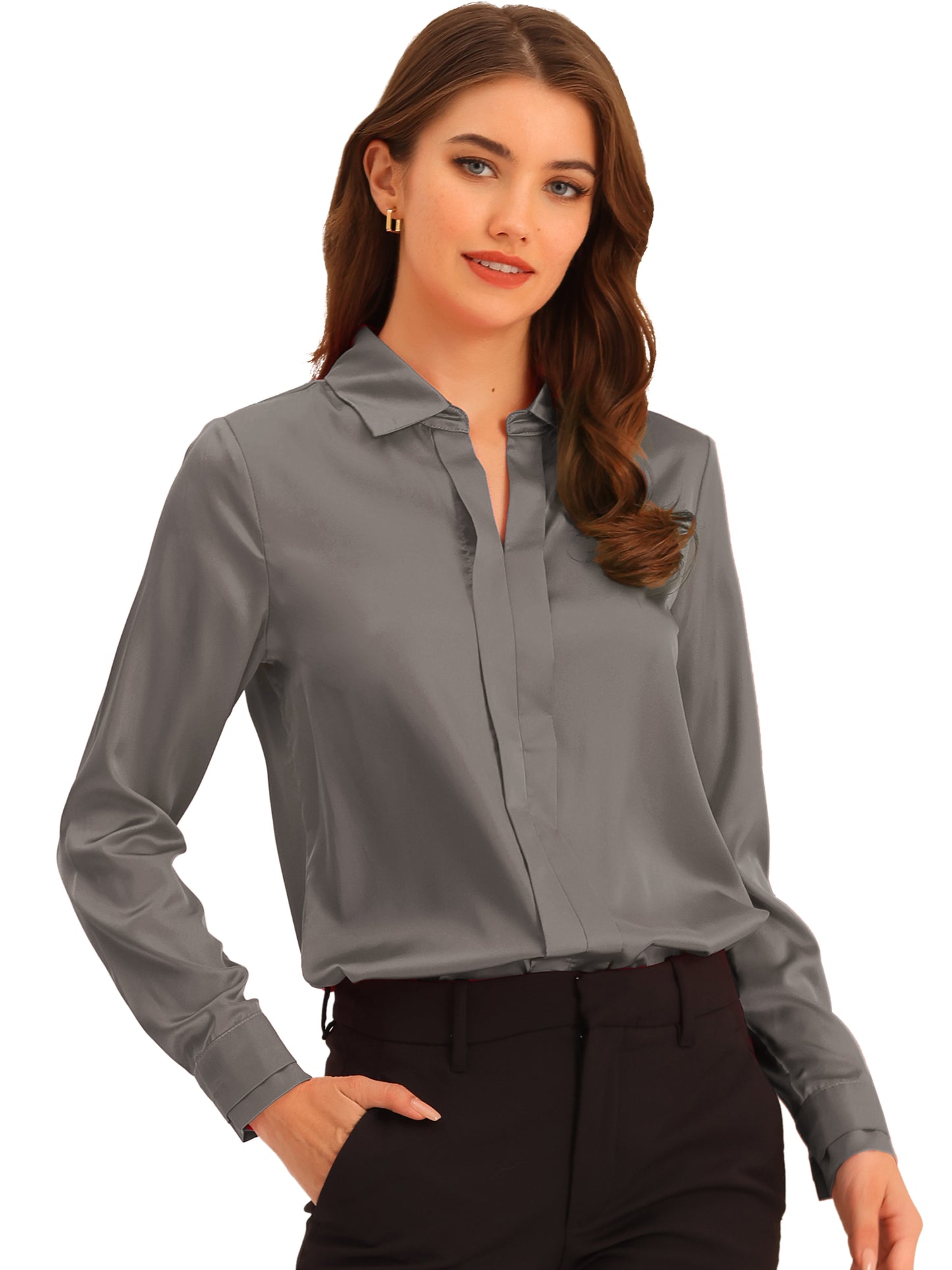 Women's Elegant V Neck Satin Long Sleeve Dressy Business Shirt Work Top (Available in Plus Size)