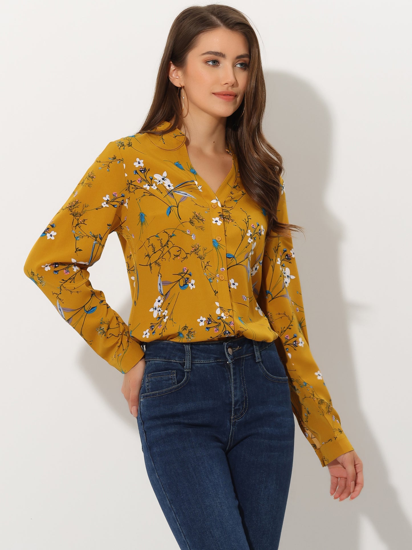 Women's Chiffon V Neck Long Sleeve Tunic Top Floral Button Up Shirt (Available in Plus Size)