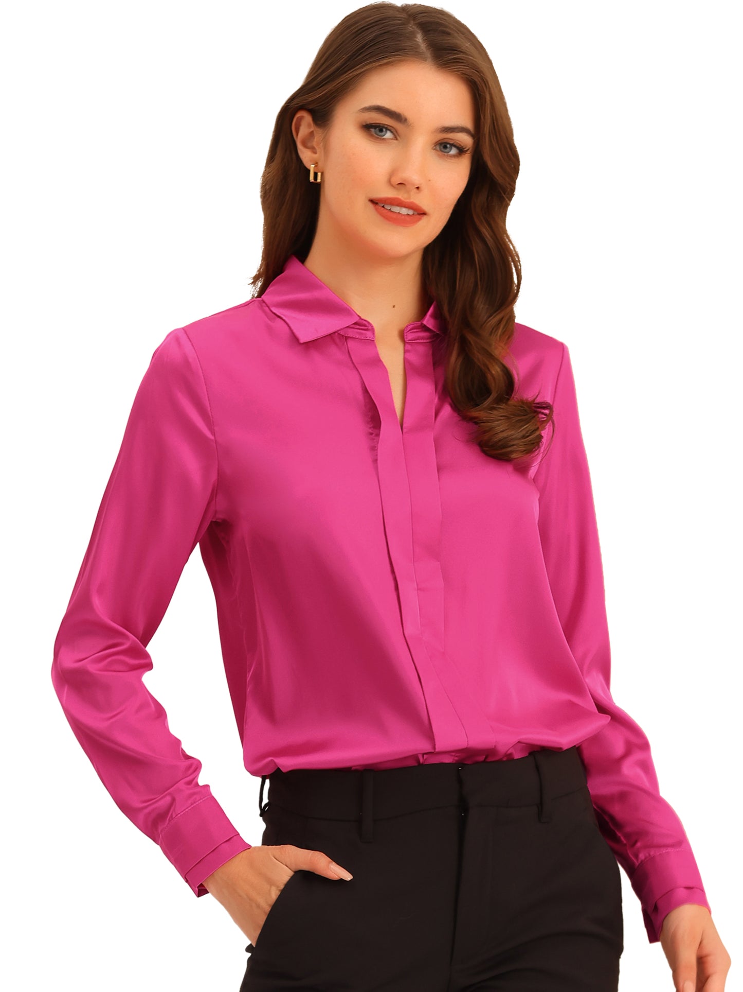 Women's Elegant V Neck Satin Long Sleeve Dressy Business Shirt Work Top (Available in Plus Size)