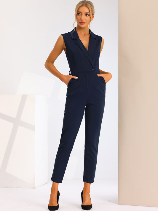 Womens' Sleeveless V Neck Button Front Jumpsuits Long Leg with Pocket Belted