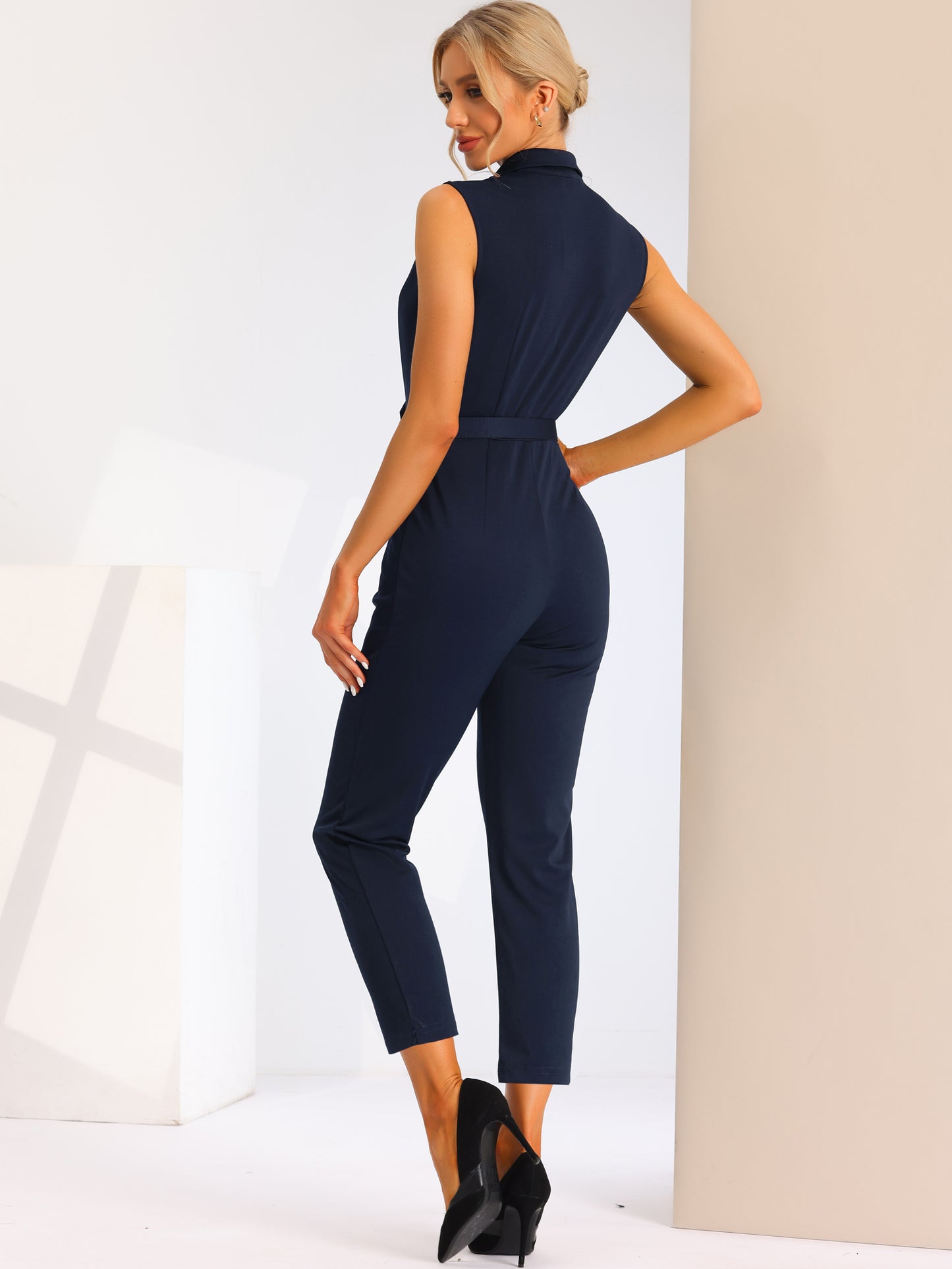 Womens' Sleeveless V Neck Button Front Jumpsuits Long Leg with Pocket Belted