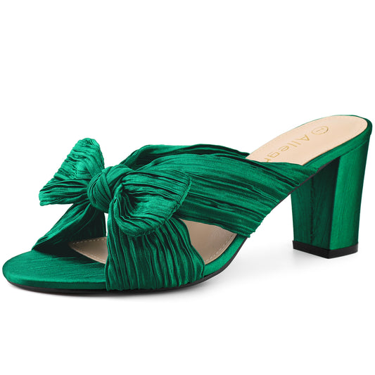 Sandalias de tacón grueso con lazo plisado para mujer
