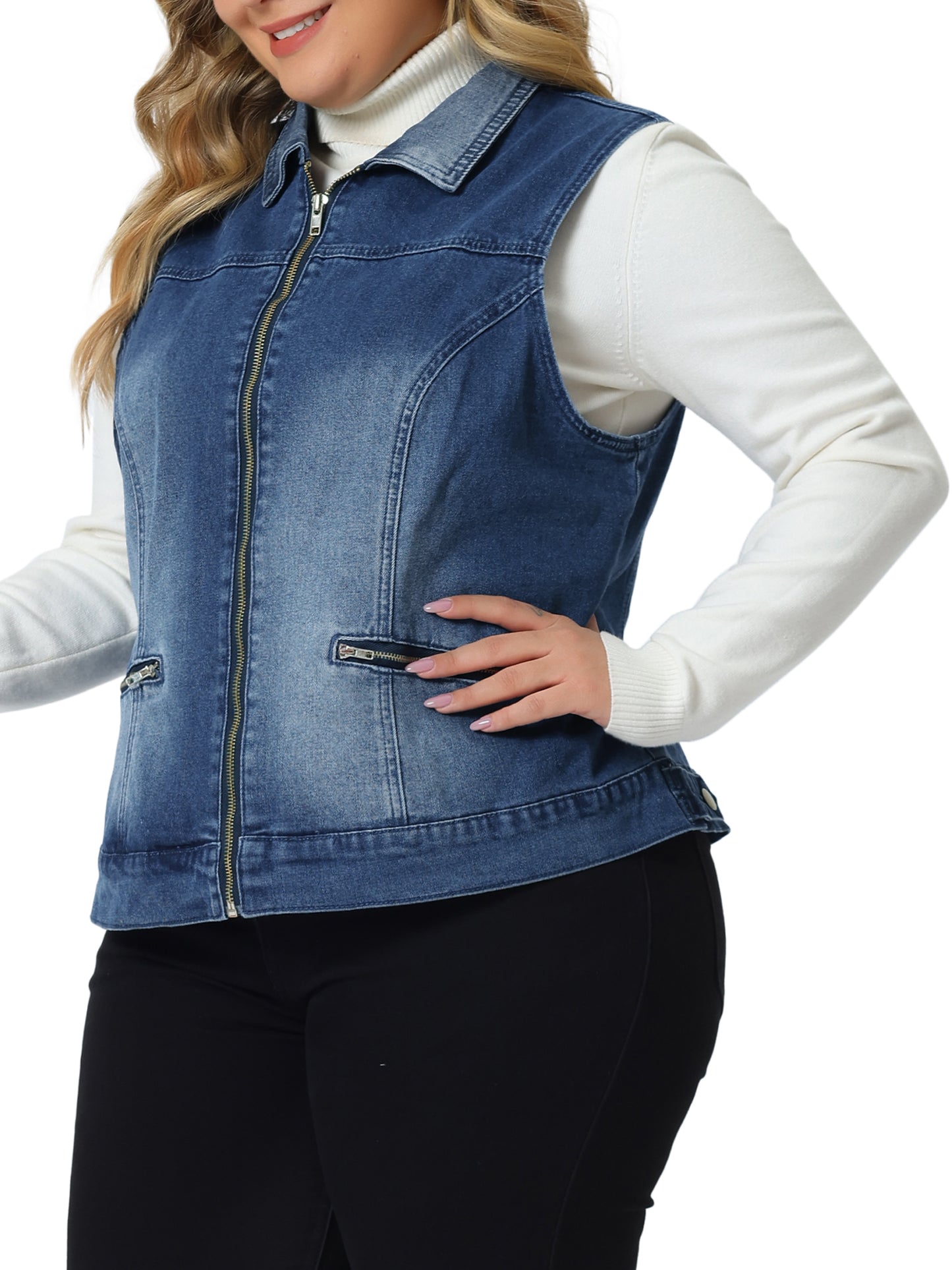 Chaleco vaquero de talla grande para mujer, sin mangas, clásico, lavado, con cremallera y bolsillos.