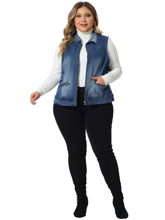 Chaleco vaquero de talla grande para mujer, sin mangas, clásico, lavado, con cremallera y bolsillos.