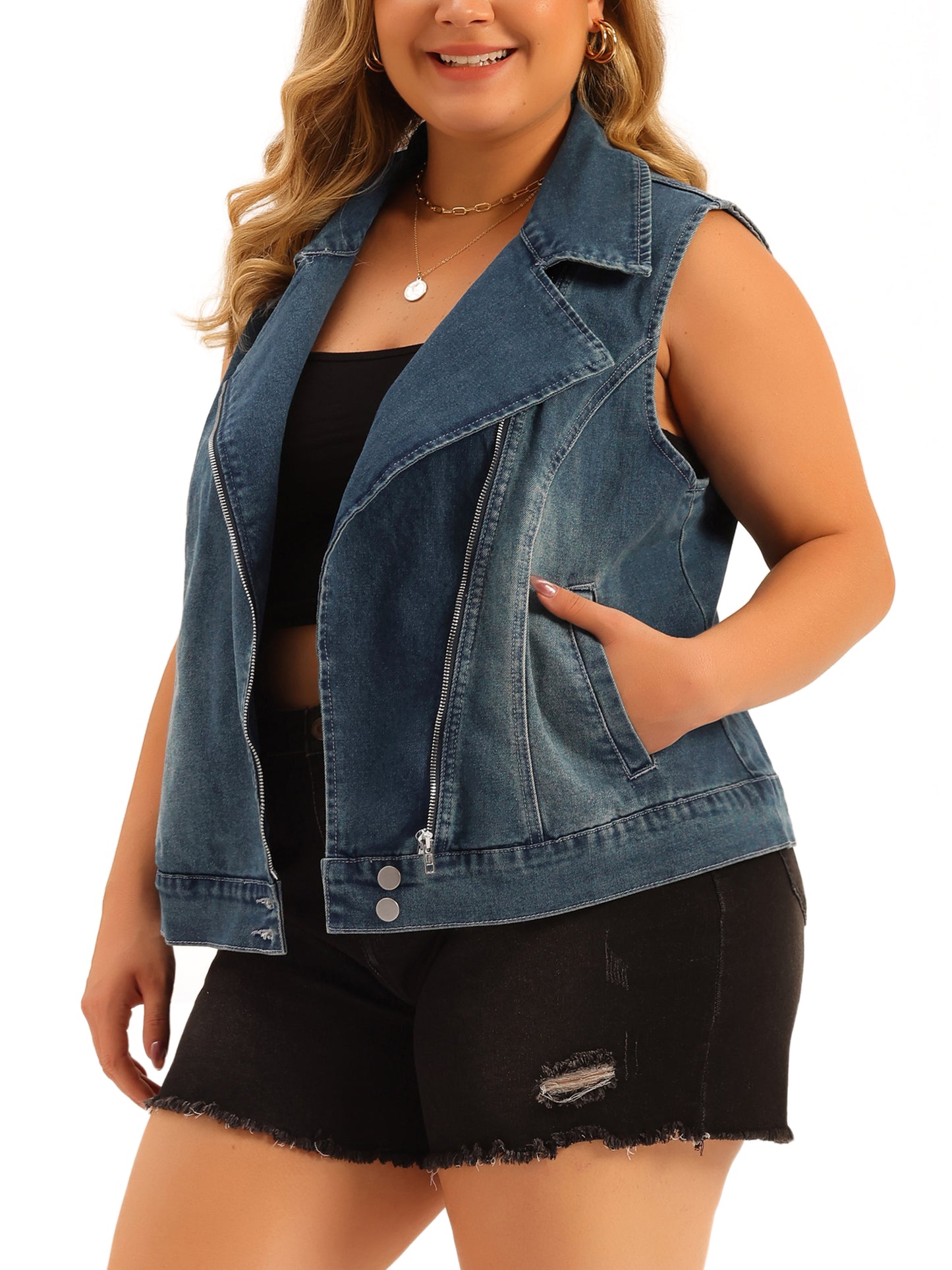 Chaleco vaquero de talla grande para mujer, con cremallera, sin mangas, lavado estilo motocicleta