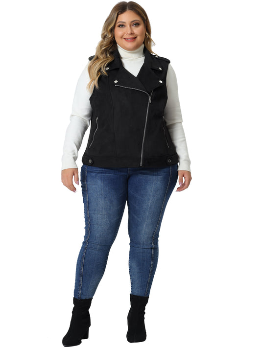 Women Plus Size Faux Suede Vest Utility Moto Biker Sleeveless Lapel Zipper Jacket Vest
