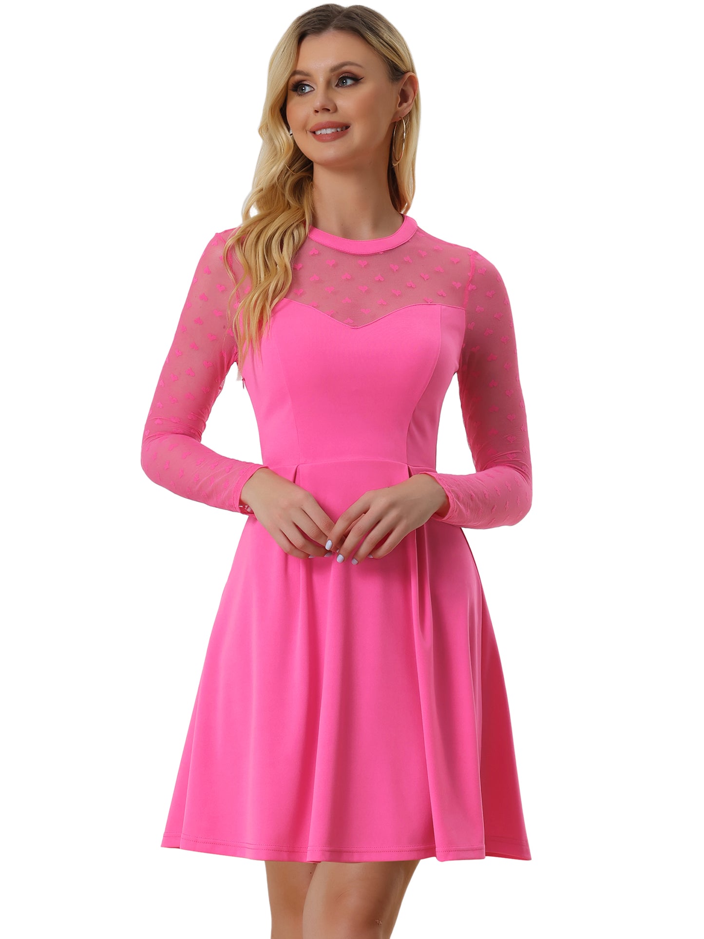 Women's Heart Mesh Sheer Long Sleeve Cocktail Party Skater Dress