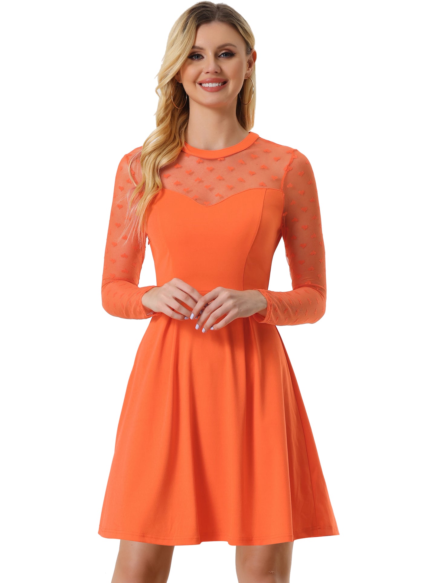 Women's Heart Mesh Sheer Long Sleeve Cocktail Party Skater Dress