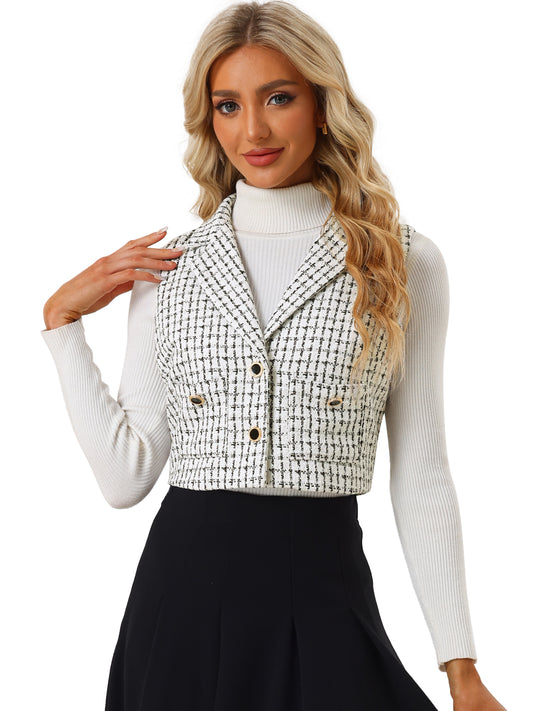 Women's Sleeveless Crop Waistcoat Button Plaid Tweed Vest