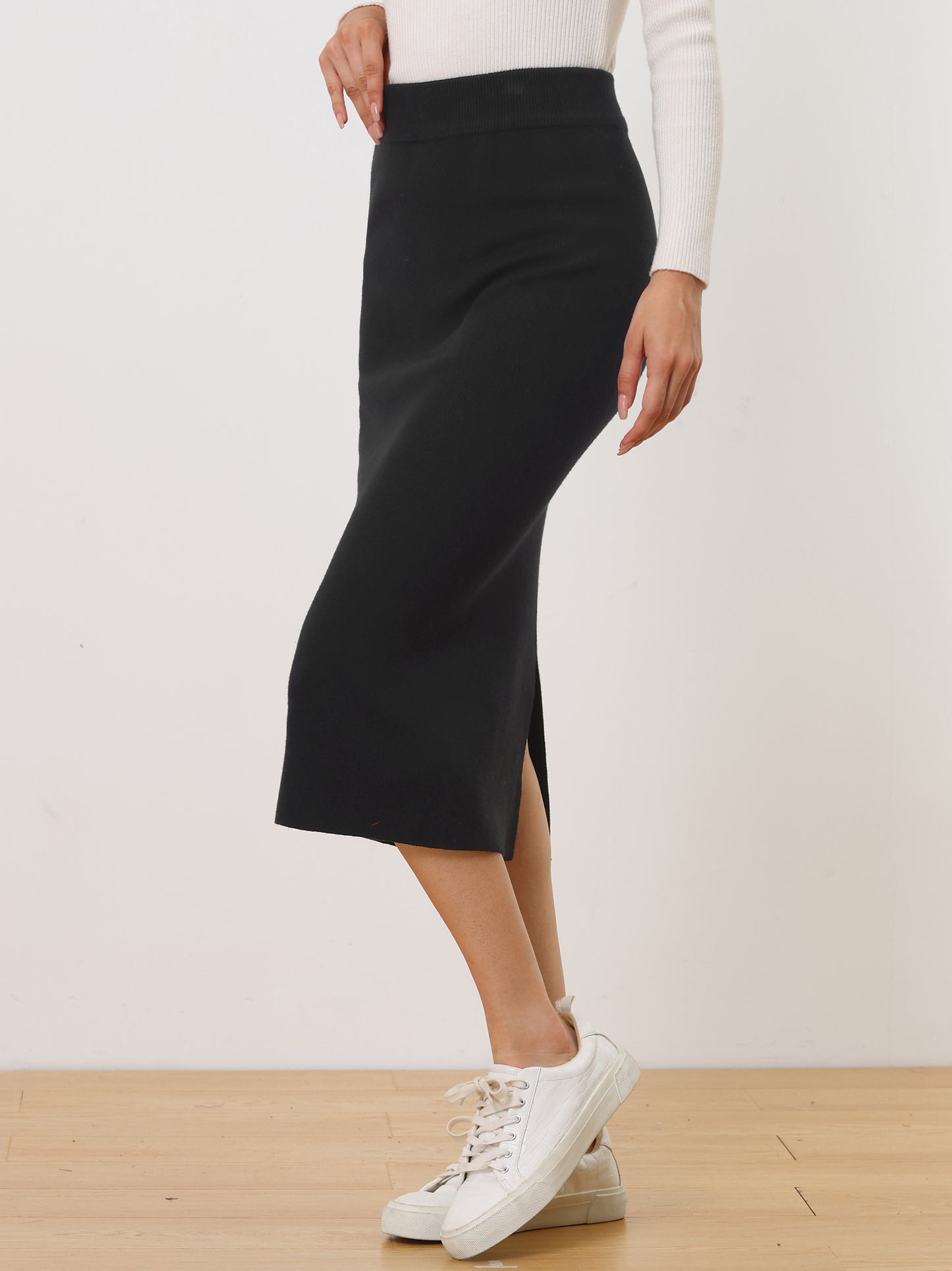 Women's Bodycon Skirt High Waist Stretchy Rib Knit Split Hem Slit Sweater Pencil Skirt