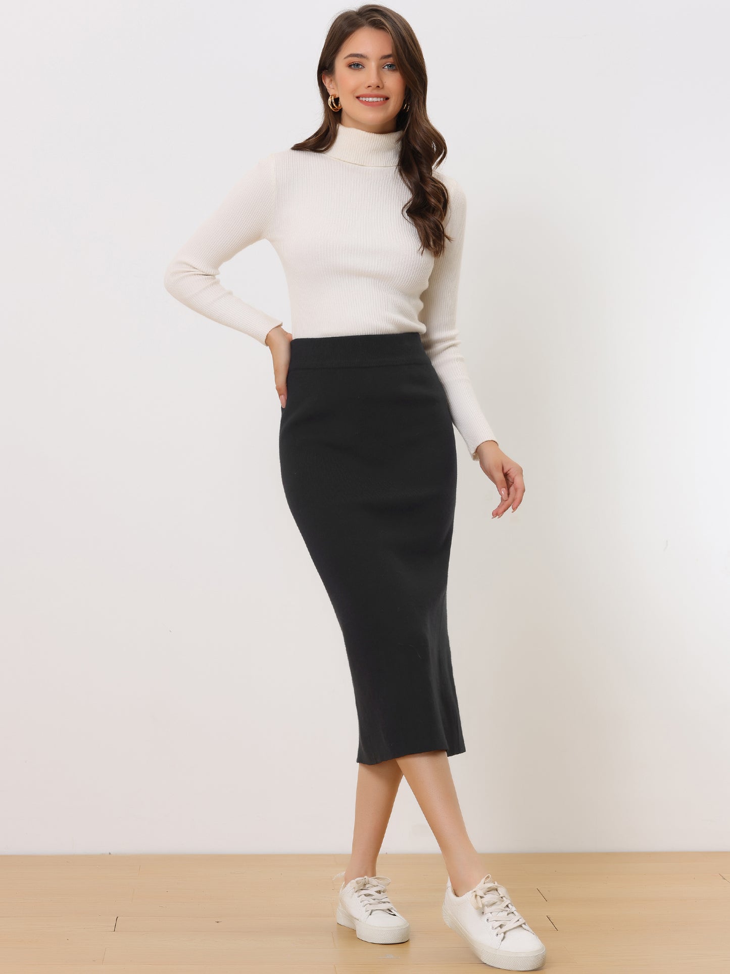 Women's Bodycon Skirt High Waist Stretchy Rib Knit Split Hem Slit Sweater Pencil Skirt