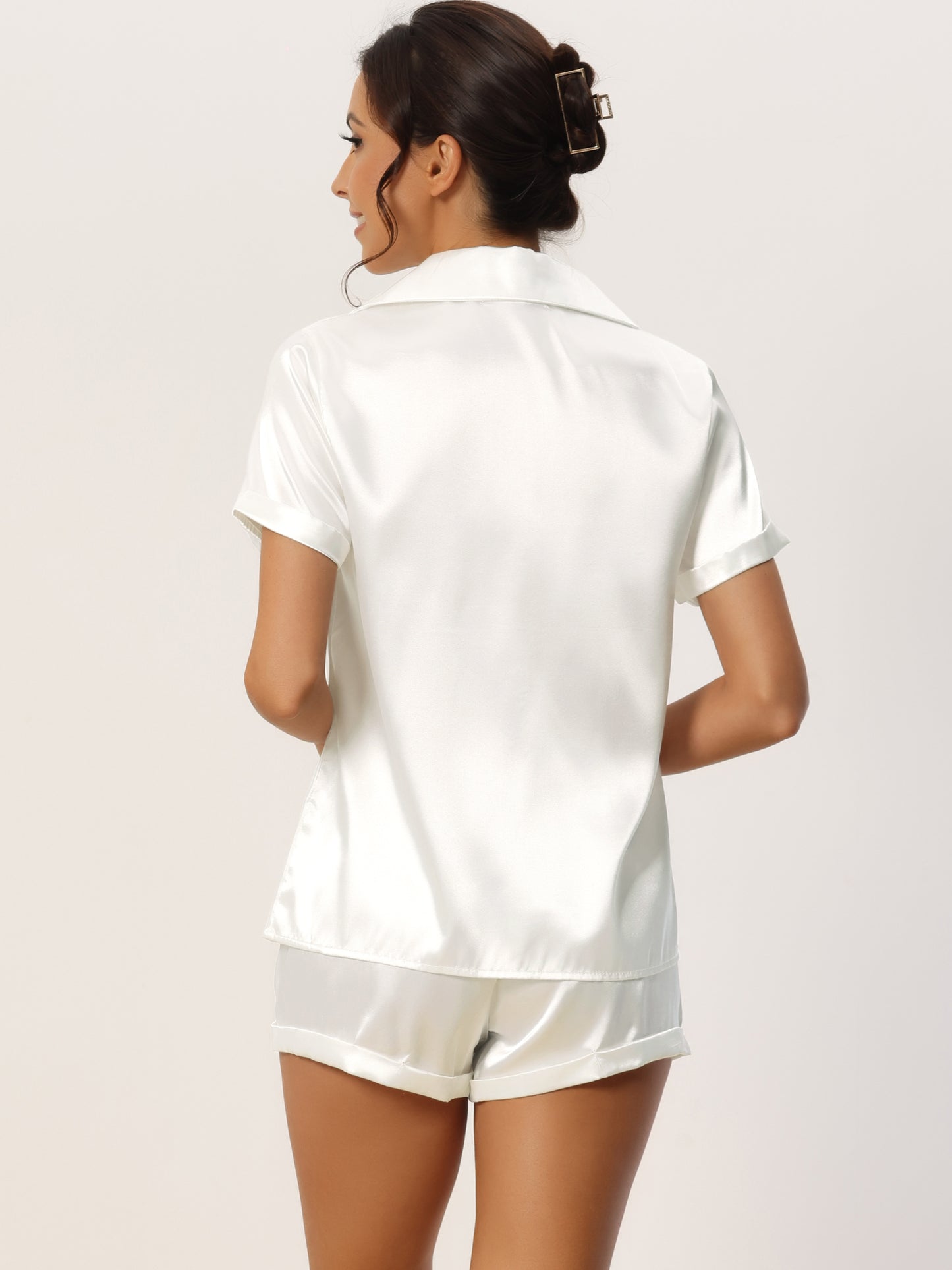 Women's Satin Pajama Set Button Short Sleeve Shirt and Shorts Loungwear Sleepwear