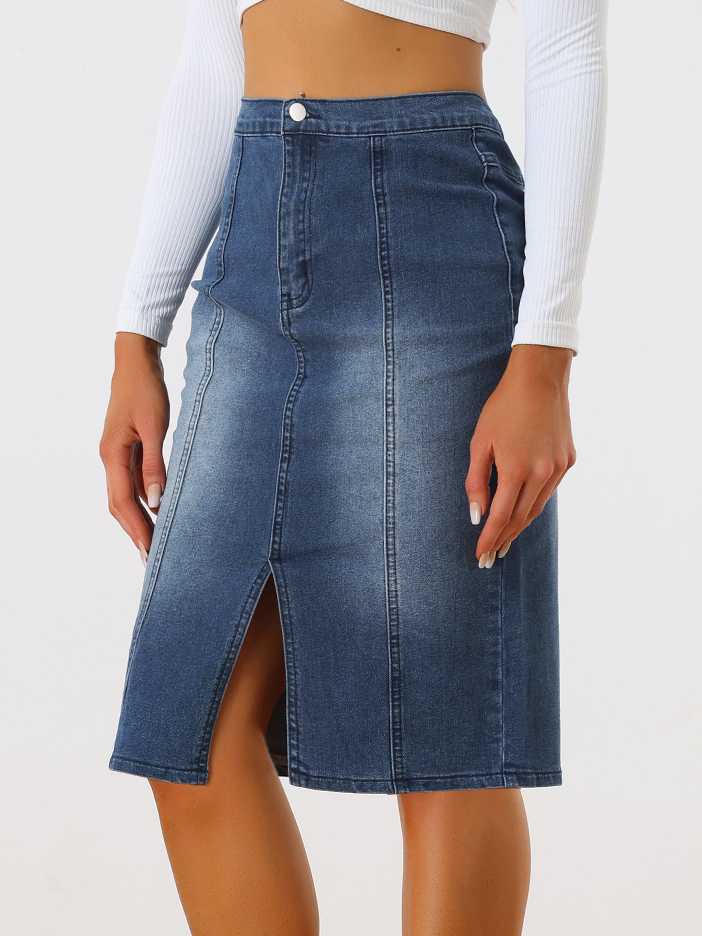 Women's Denim Skirt High Waist Slit Hem Stretch Bodycon Pencil Skirt Knee Length Jean Skirts