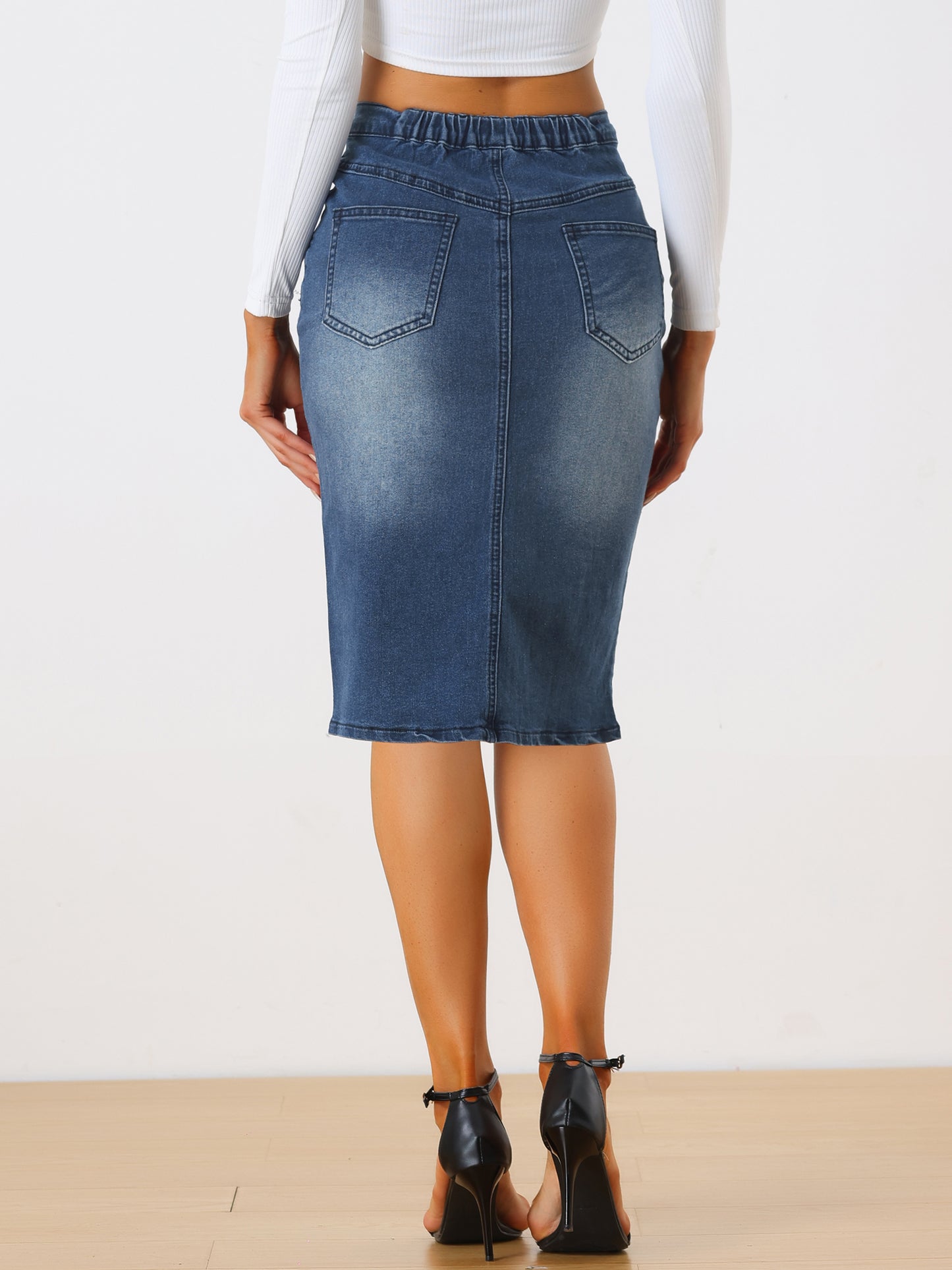 Women's Denim Skirt High Waist Slit Hem Stretch Bodycon Pencil Skirt Knee Length Jean Skirts