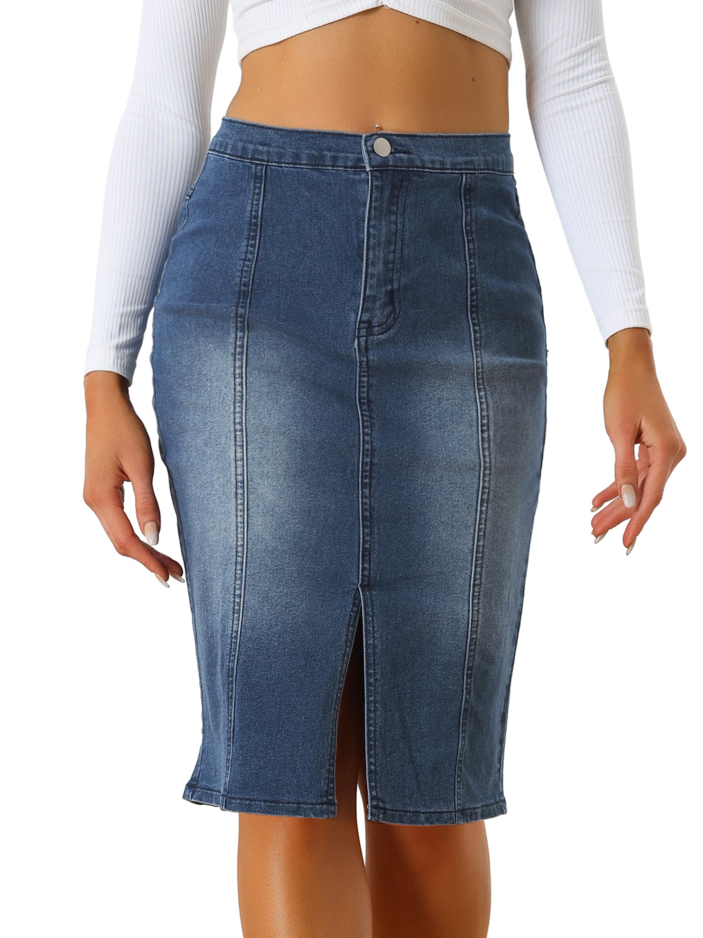Women's Denim Skirt High Waist Slit Hem Stretch Bodycon Pencil Skirt Knee Length Jean Skirts