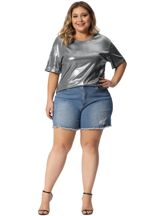 Women Plus Size Top Metallic Round Neck Short Sleeve T-Shirt Party Tee Top