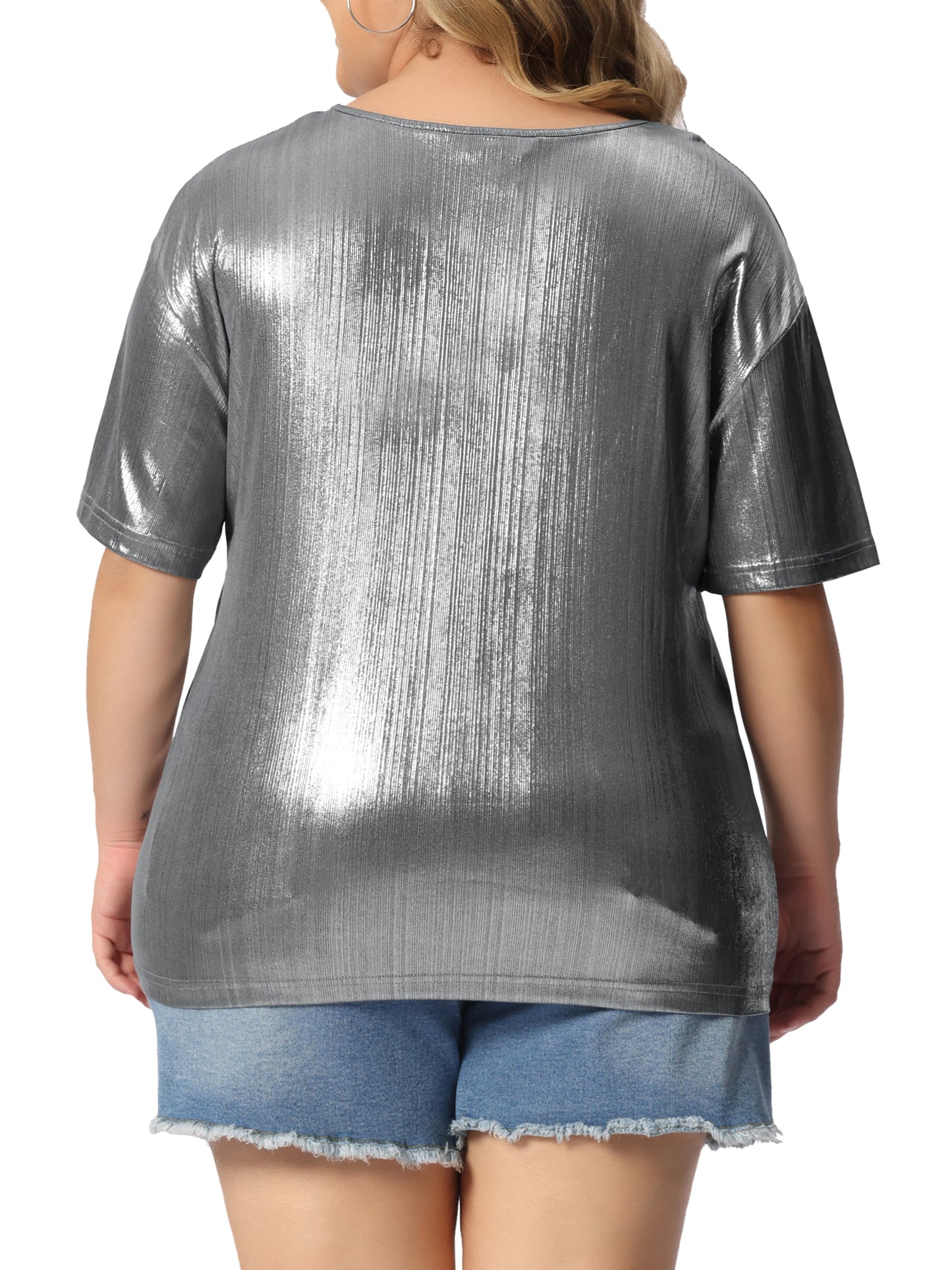 Women Plus Size Top Metallic Round Neck Short Sleeve T-Shirt Party Tee Top