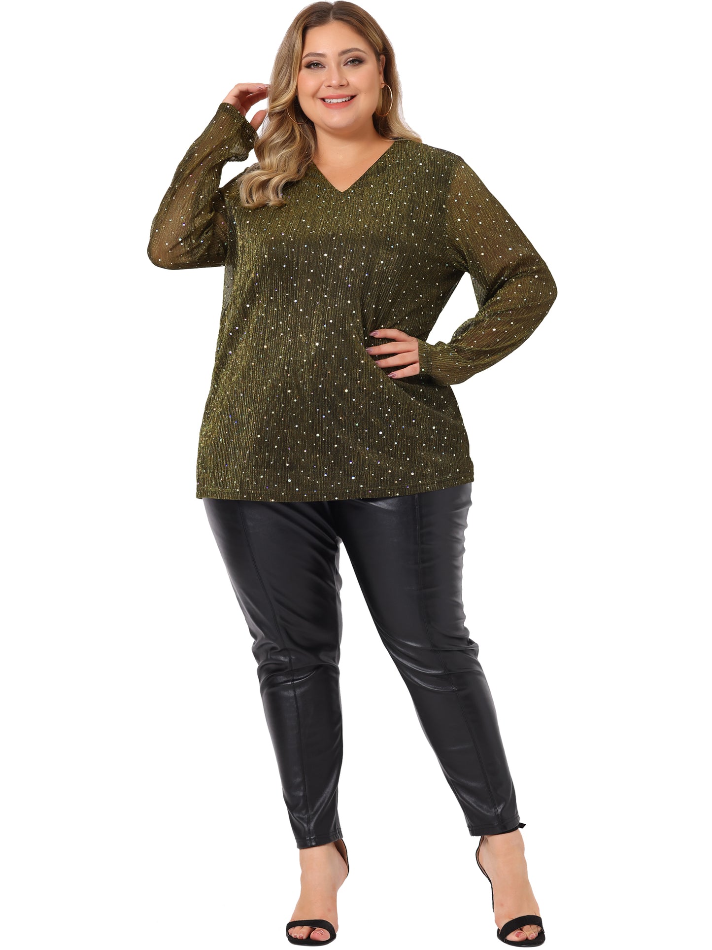[PACK SALES] Women's Plus Size 2 Pieces Sequin Top Sparkly Glitter Long Sheer Sleeve V Neck Casual Rhinestone Pullover