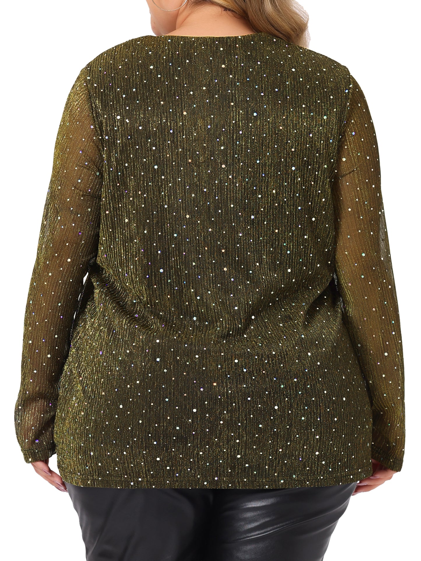 [PACK SALES] Women's Plus Size 2 Pieces Sequin Top Sparkly Glitter Long Sheer Sleeve V Neck Casual Rhinestone Pullover