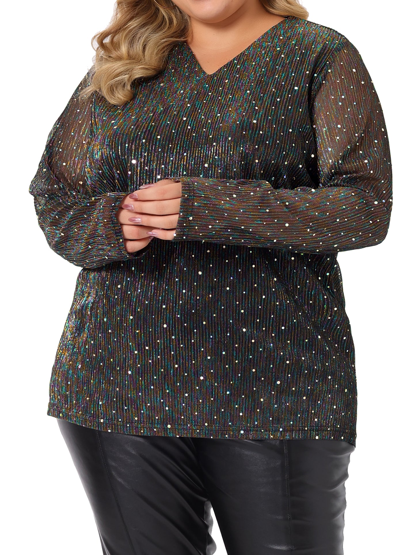 Women Plus Size Tops Long Sleeve Glitter Club Party Shirt Sparkle Blouse