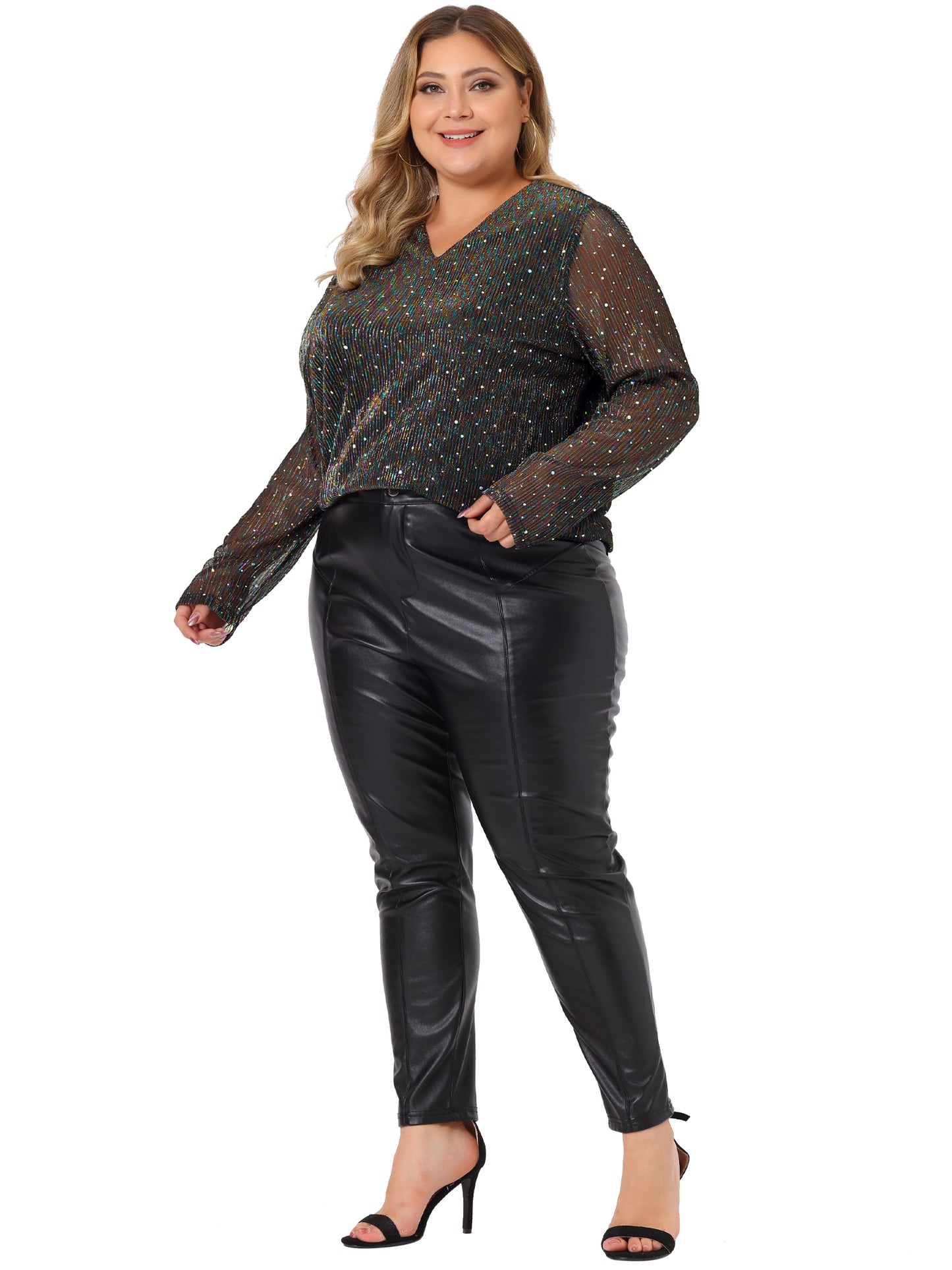 Women Plus Size Tops Long Sleeve Glitter Club Party Shirt Sparkle Blouse