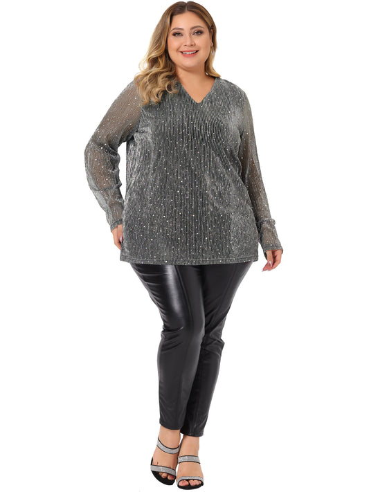 Women Plus Size Tops Long Sleeve Glitter Club Party Shirt Sparkle Blouse