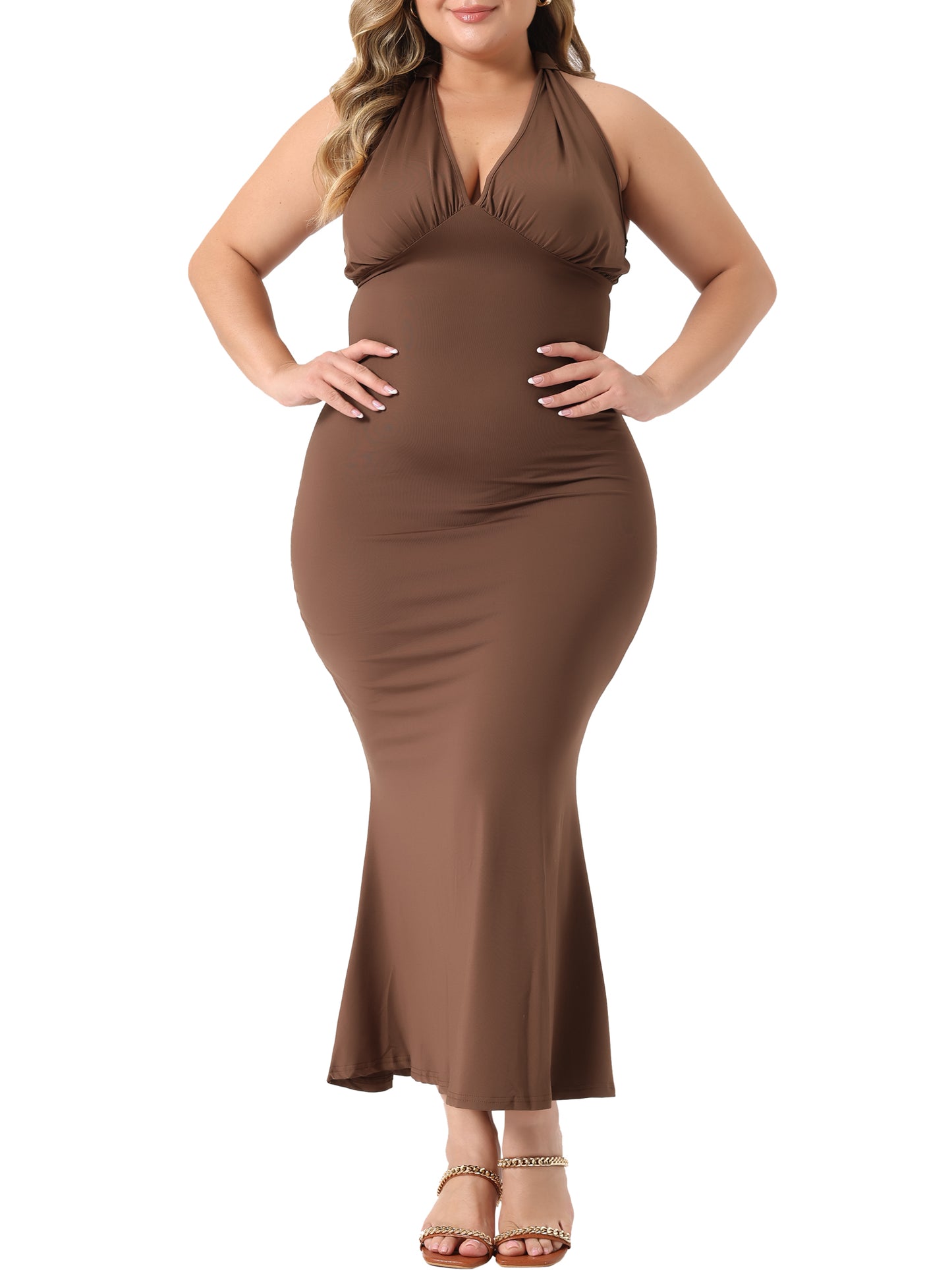Women Plus Size Maxi Dress Halter V Neck Backless Cocktail Party Mermaid Evening Dress