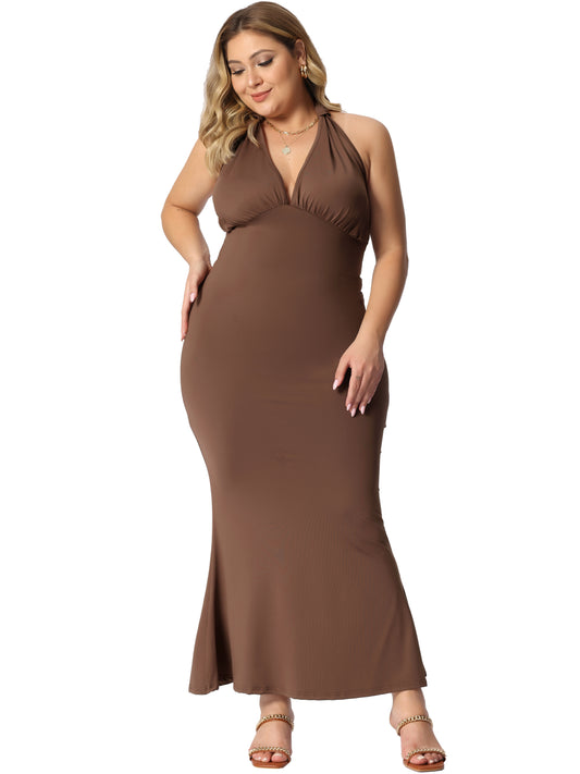 Women Plus Size Maxi Dress Halter V Neck Backless Cocktail Party Mermaid Evening Dress