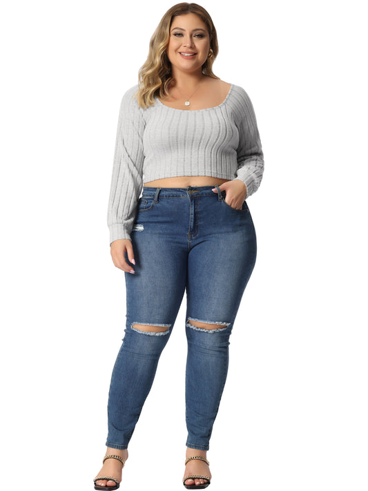 Women Plus Size Top Square Neck Long Sleeve Slim Fitted Casual Basic T-Shirt Crop Tee Top
