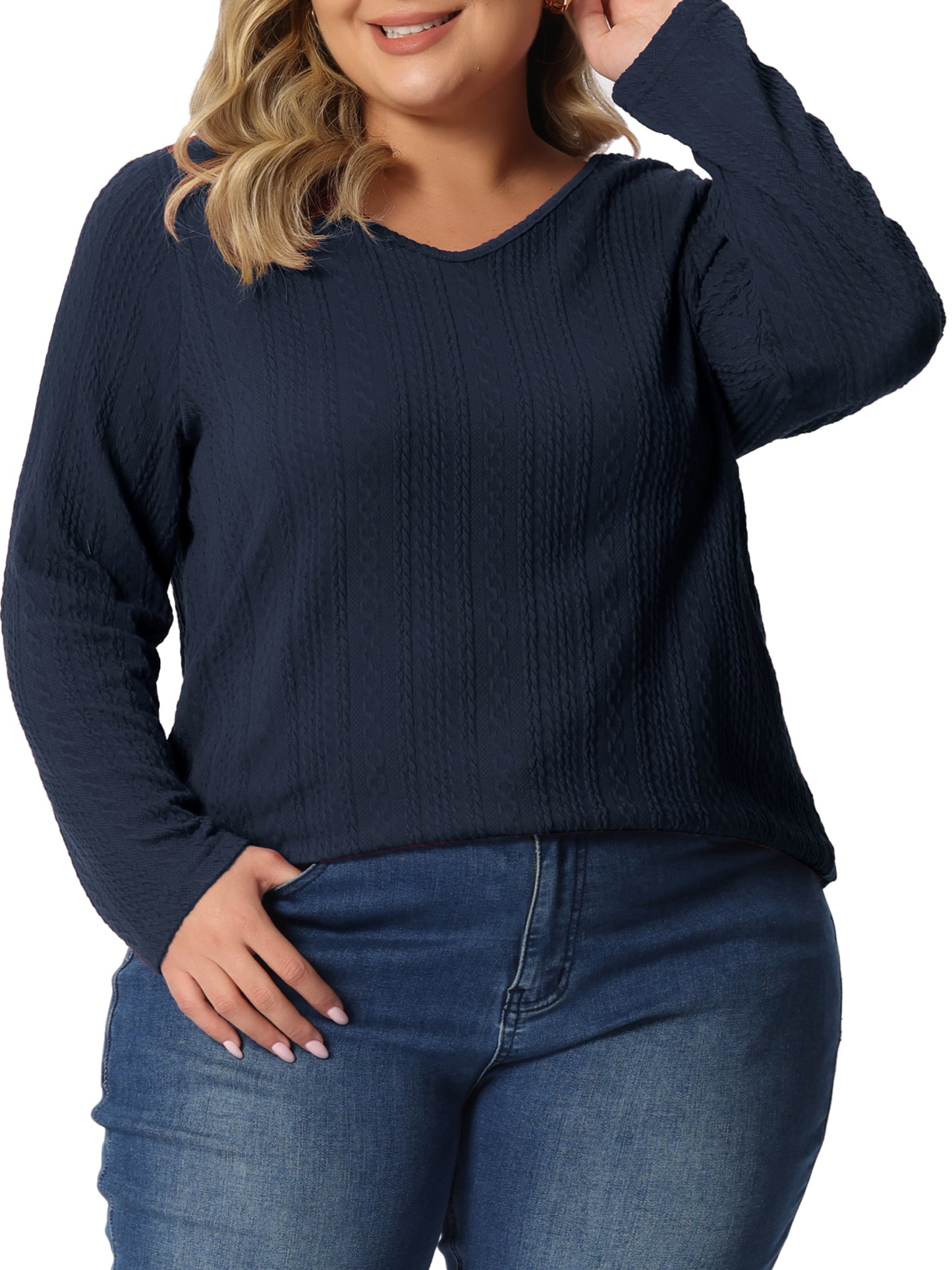 Women Plus Size Top V Neck Long Sleeve Basic Knit Pullover Tee T-Shirt