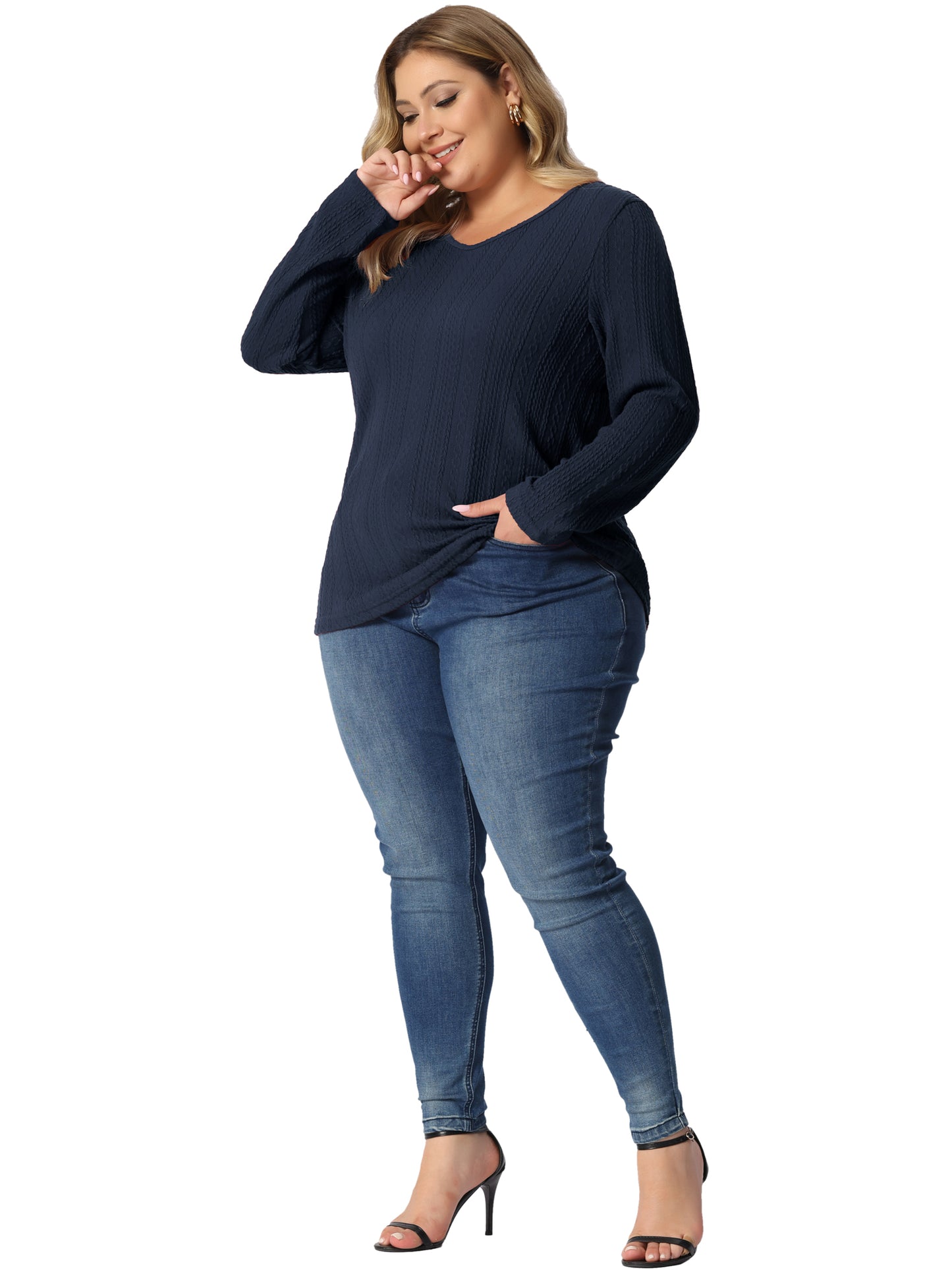 Women Plus Size Top V Neck Long Sleeve Basic Knit Pullover Tee T-Shirt