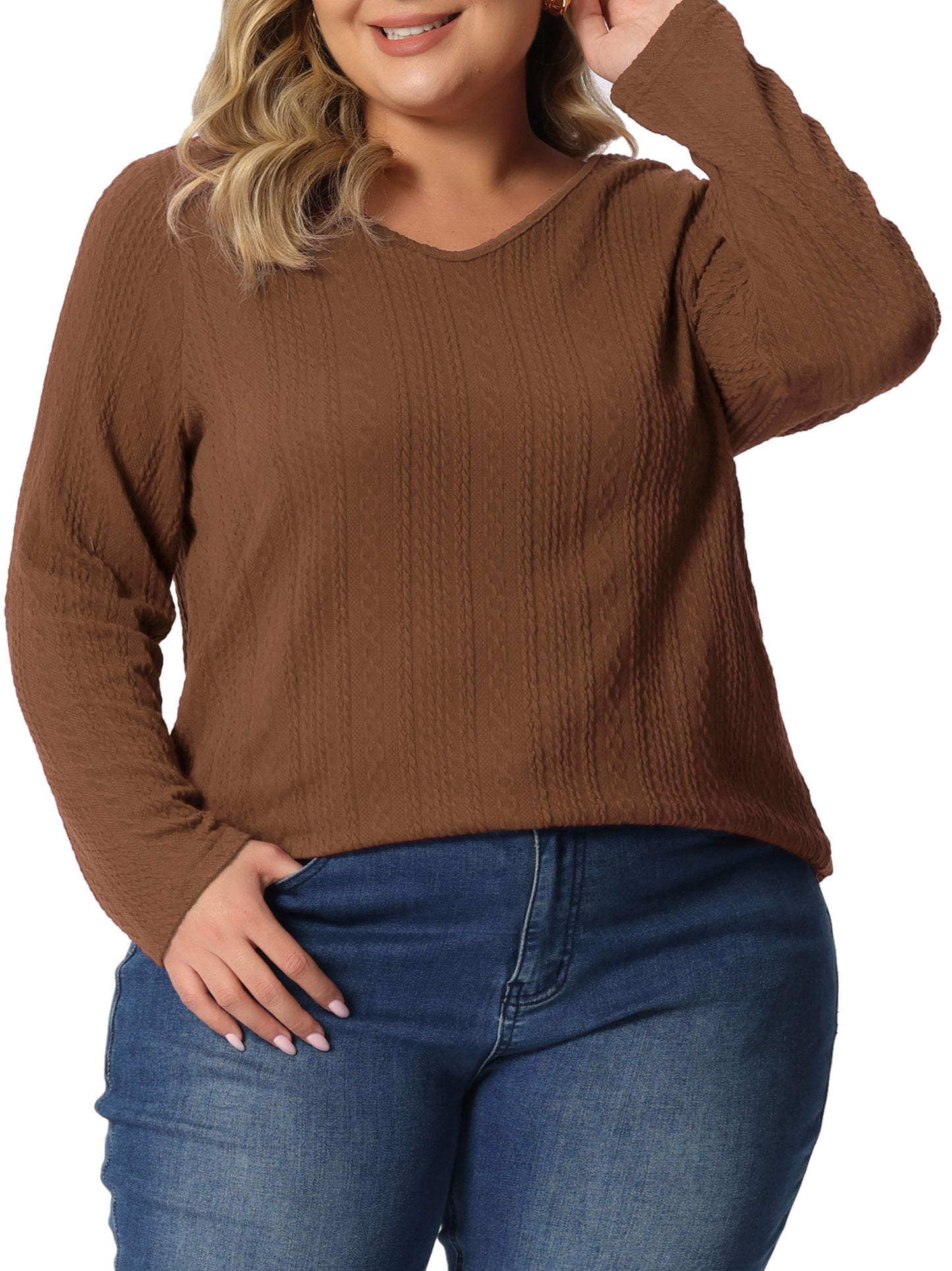 Women Plus Size Top V Neck Long Sleeve Basic Knit Pullover Tee T-Shirt