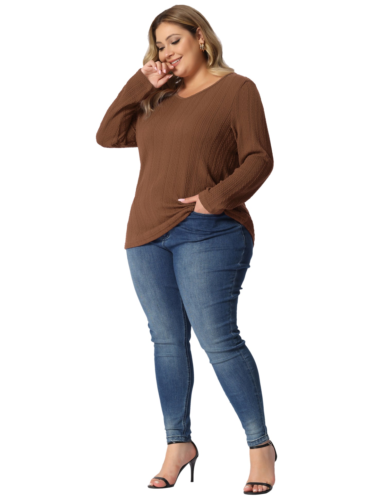 Women Plus Size Top V Neck Long Sleeve Basic Knit Pullover Tee T-Shirt