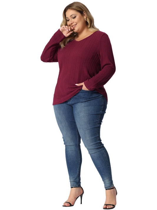 Women Plus Size Top V Neck Long Sleeve Basic Knit Pullover Tee T-Shirt