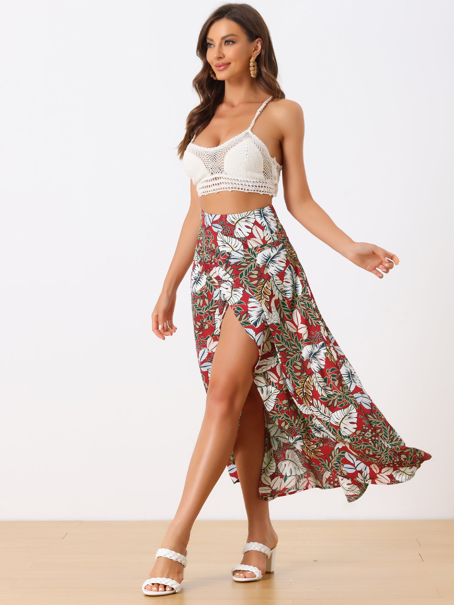 Women's Tropical Smocked Waist High Low Flowy Maxi Skirt