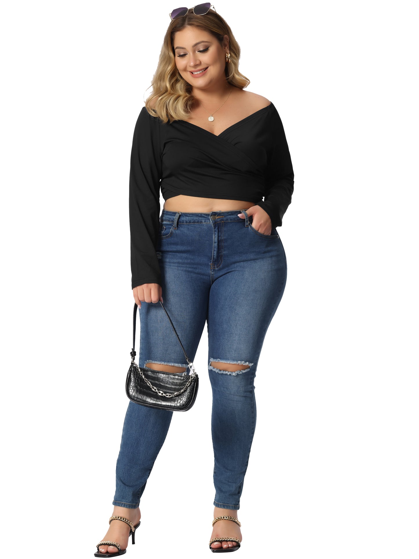 Women Plus Size Off Shoulder Top Long Sleeve Cross Wrap V Neck Casual Crop Top