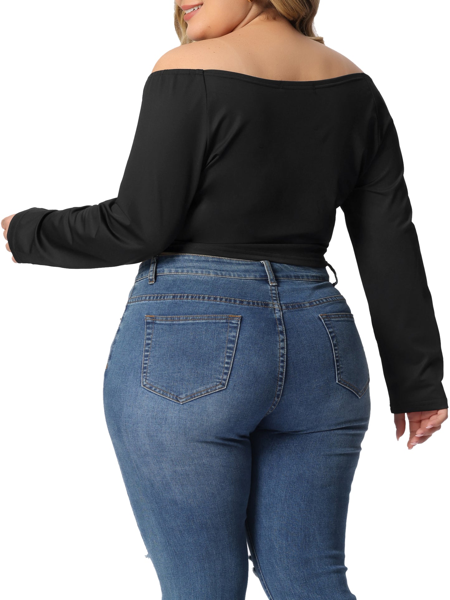 Women Plus Size Off Shoulder Top Long Sleeve Cross Wrap V Neck Casual Crop Top