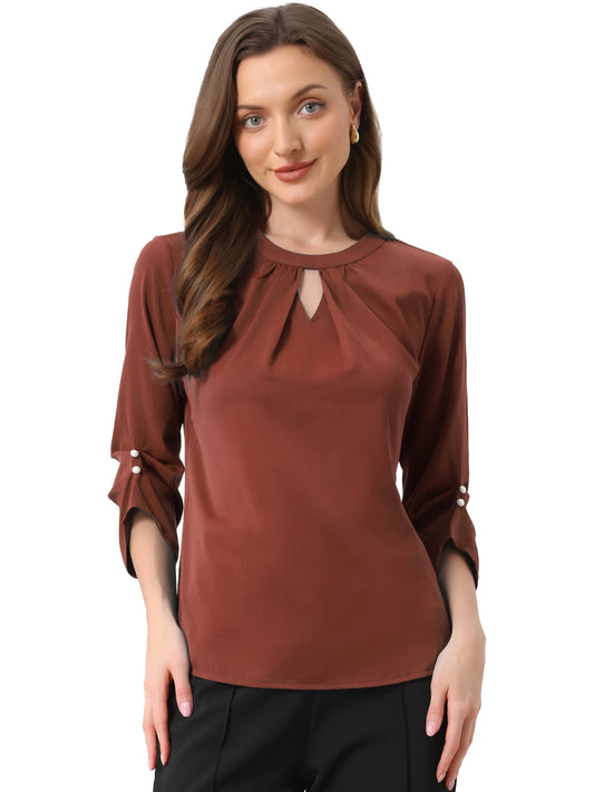 Women's Dressy Work Office Keyhole Pleated Front Ruched 3/4 Sleeve Chiffon Shirt